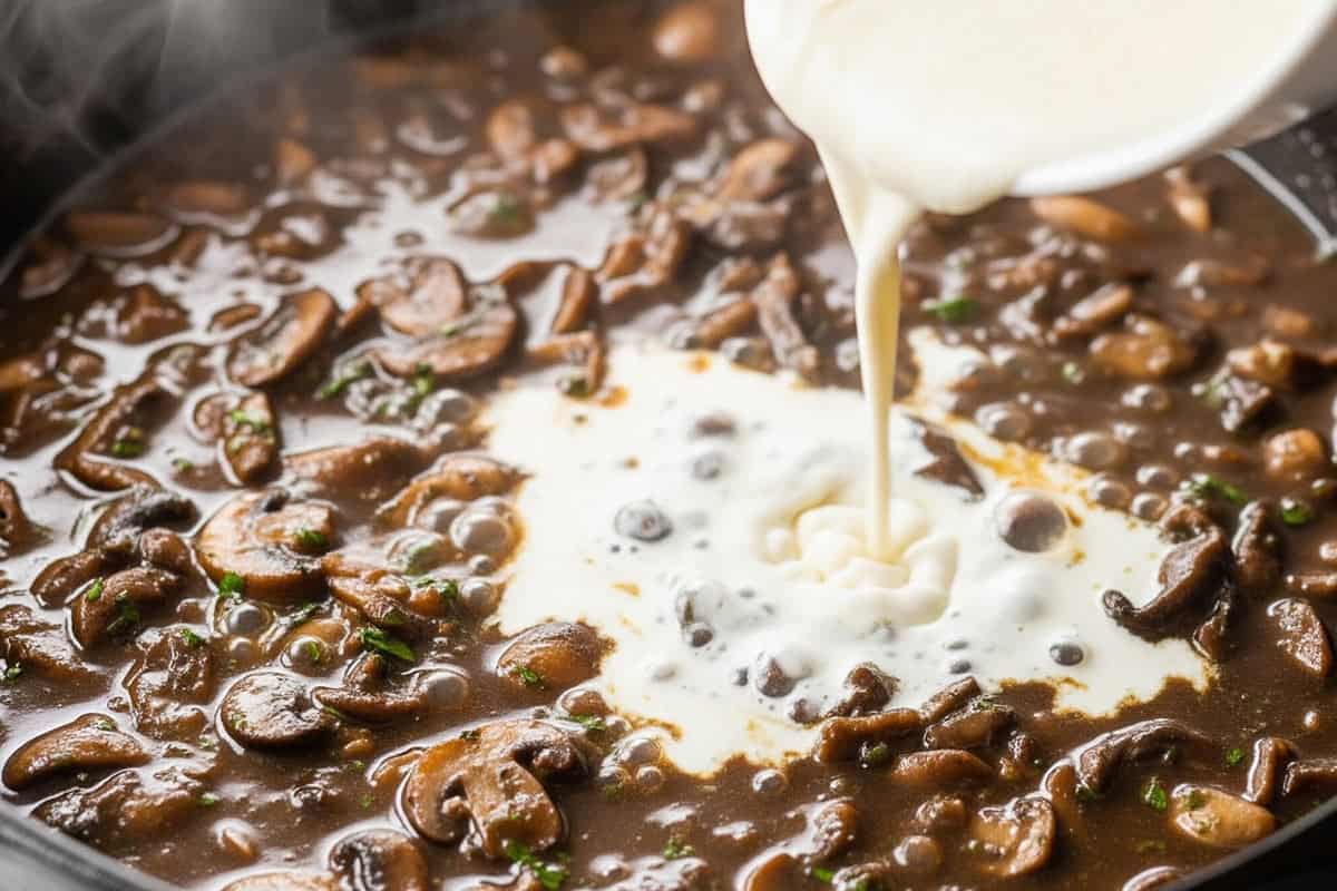 Slurry poured in the mushroom gravy.