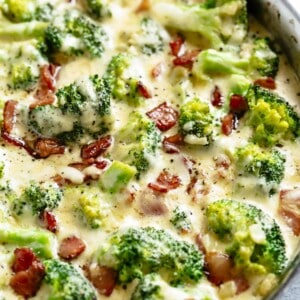 Top view of Creamy Garlic Parmesan Broccoli & Bacon