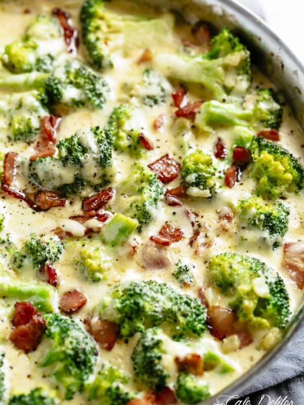 Top view of Creamy Garlic Parmesan Broccoli & Bacon