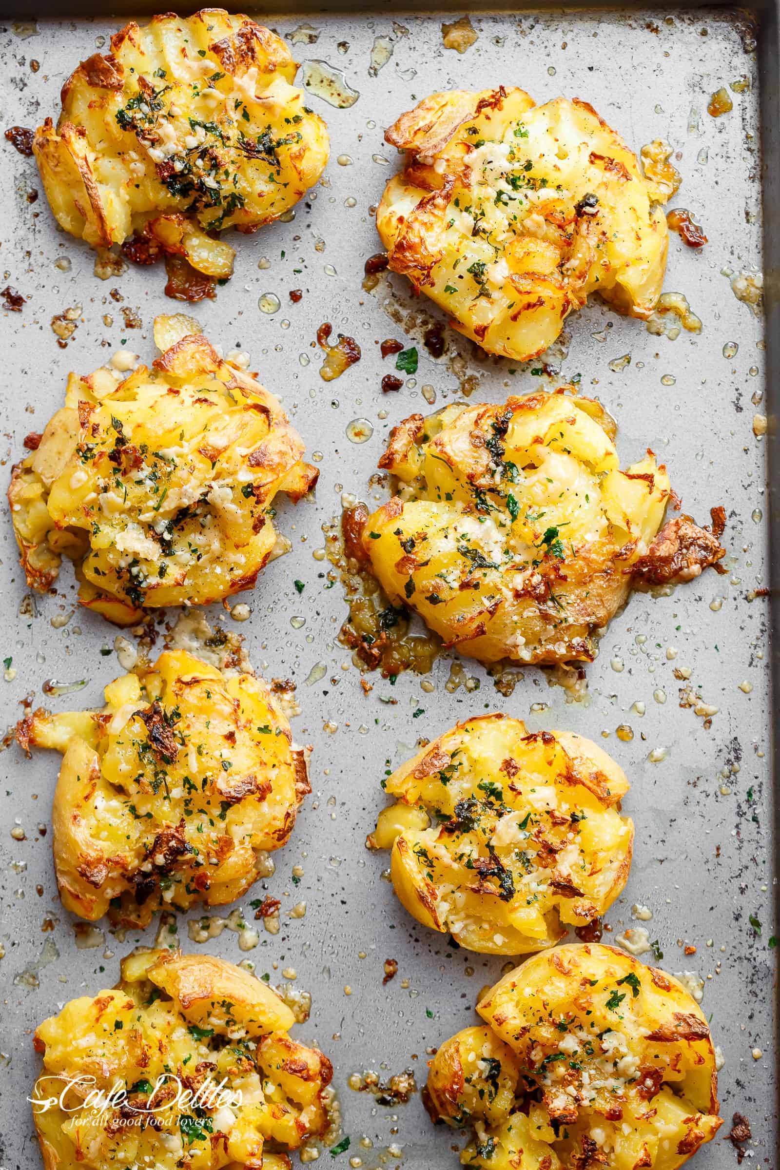 close up image from top down of smashed potatoes