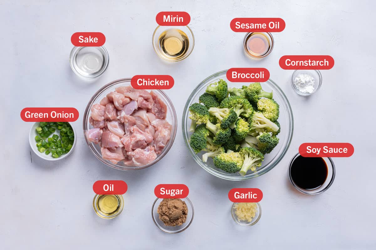 Image of the ingredients needed for the making of the recipe, specifically: chicken, broccoli, soy sauce, garlc, sugar, oil, green onion, sake, mirin, sesame oil, cornstarch.