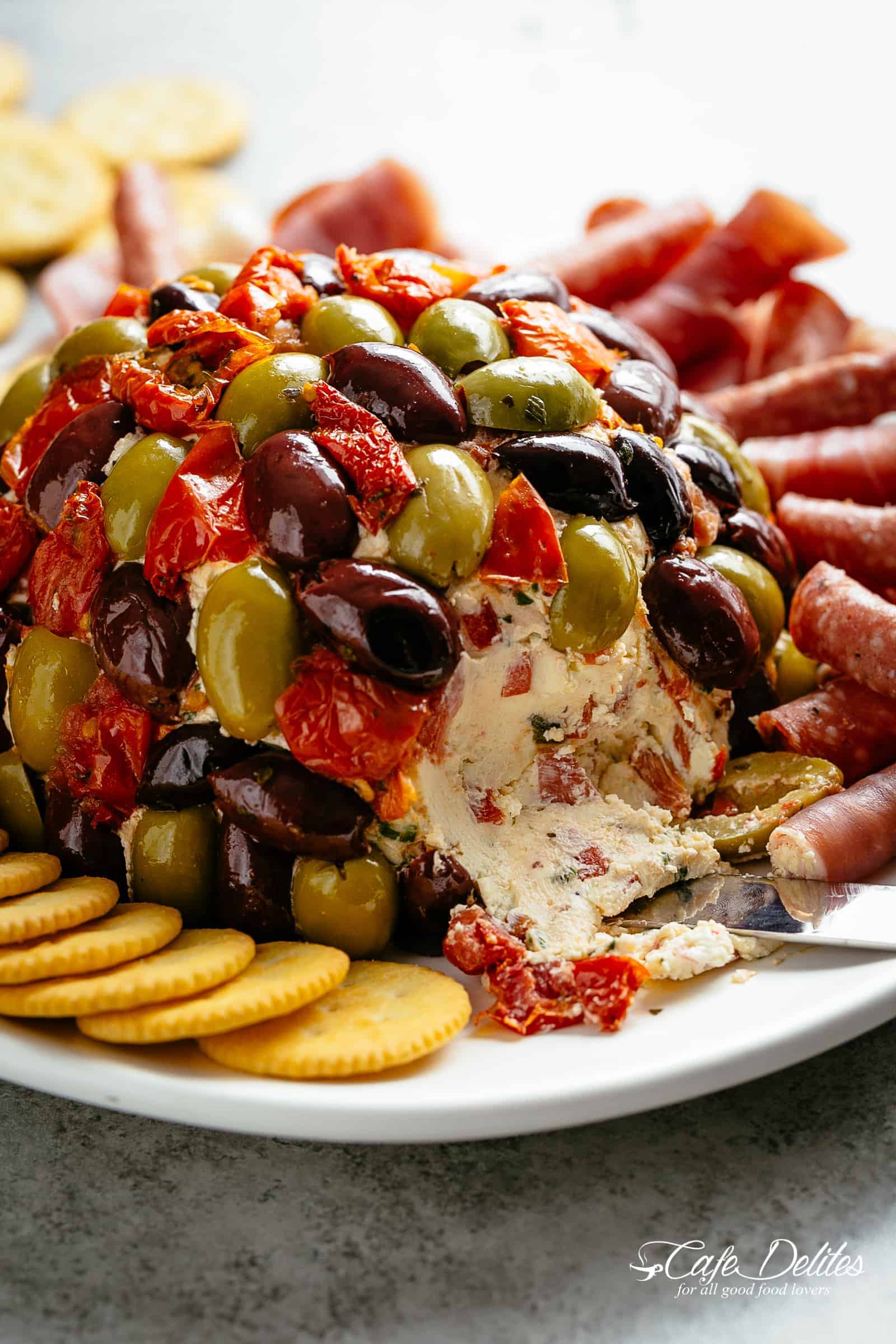 Delicious Antipasto-Cheeseball on a plate