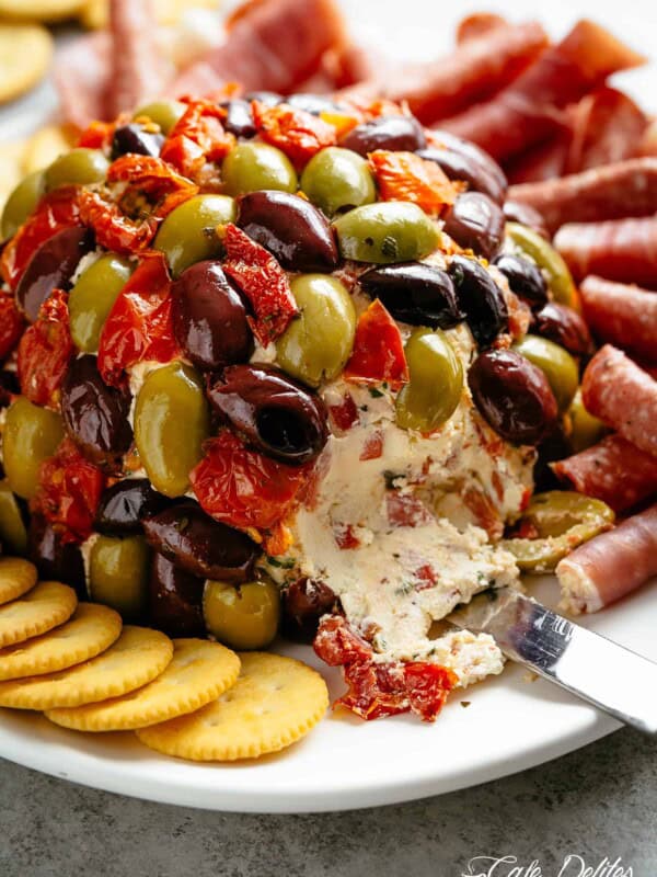 Side view of Antipasto-Cheeseball on a plate