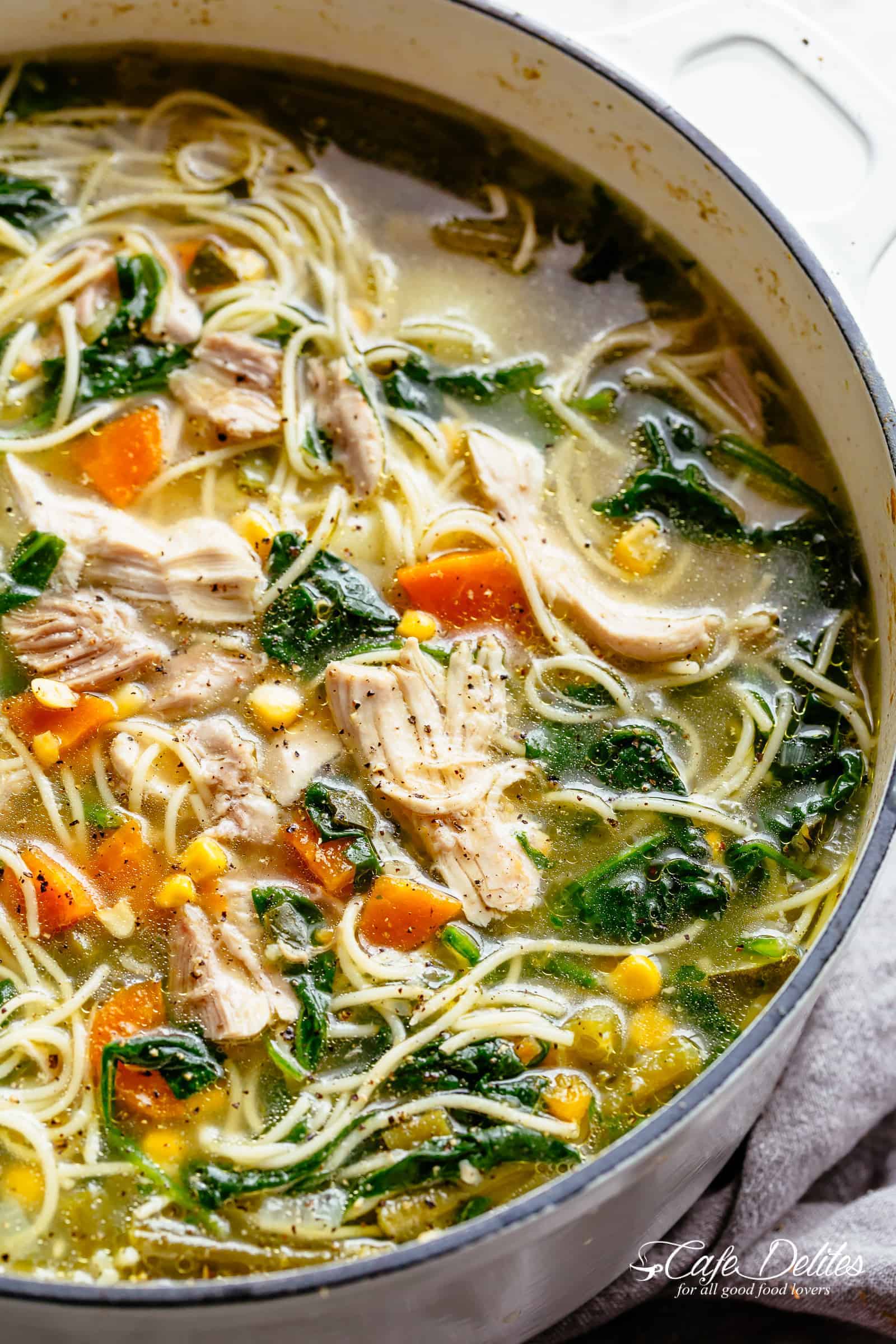 Homemade Chicken Noodle Soup recipe you will love! | cafedelites.com Chicken Noodle Soup loaded with vegetables in a bowl