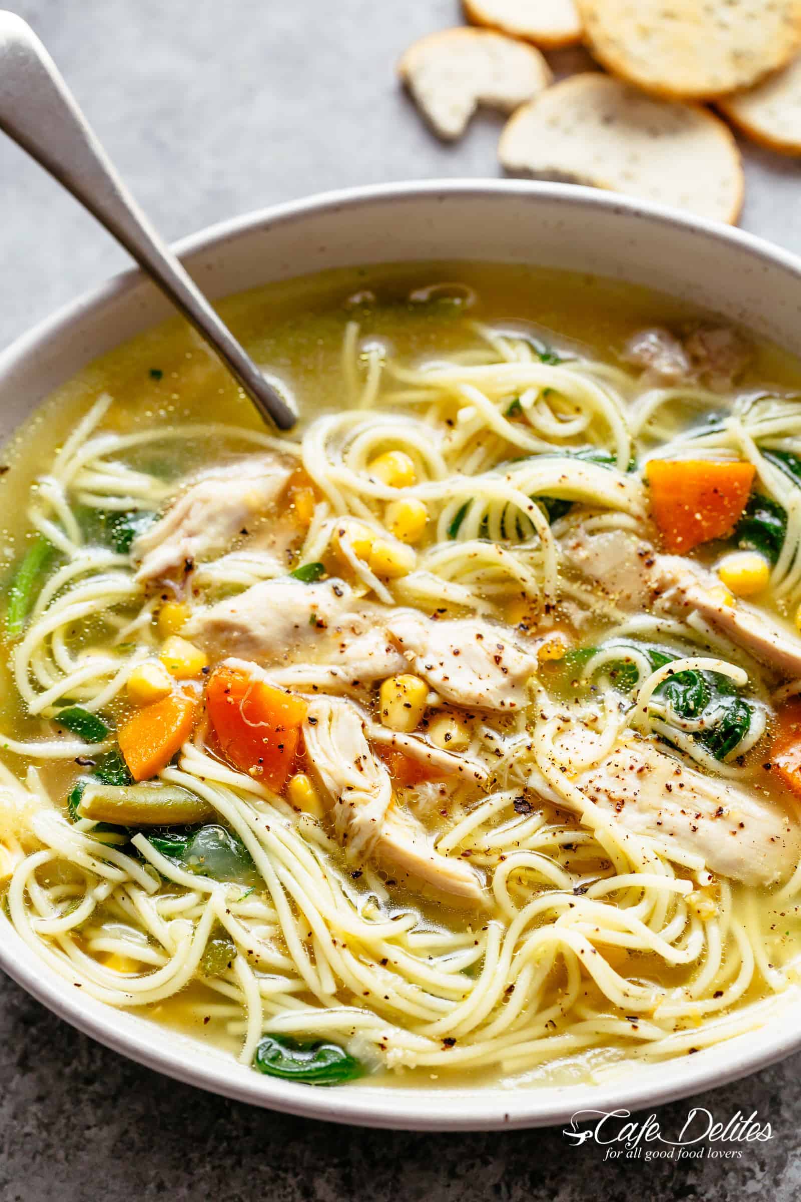 Chicken noodle soup | cafedelites.com Big bowl of chicken noodle soup broth