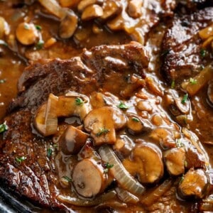 Ribeye Steaks With Mushroom Gravy in a pan