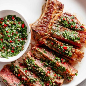 Steaks with Chimichurri on plate