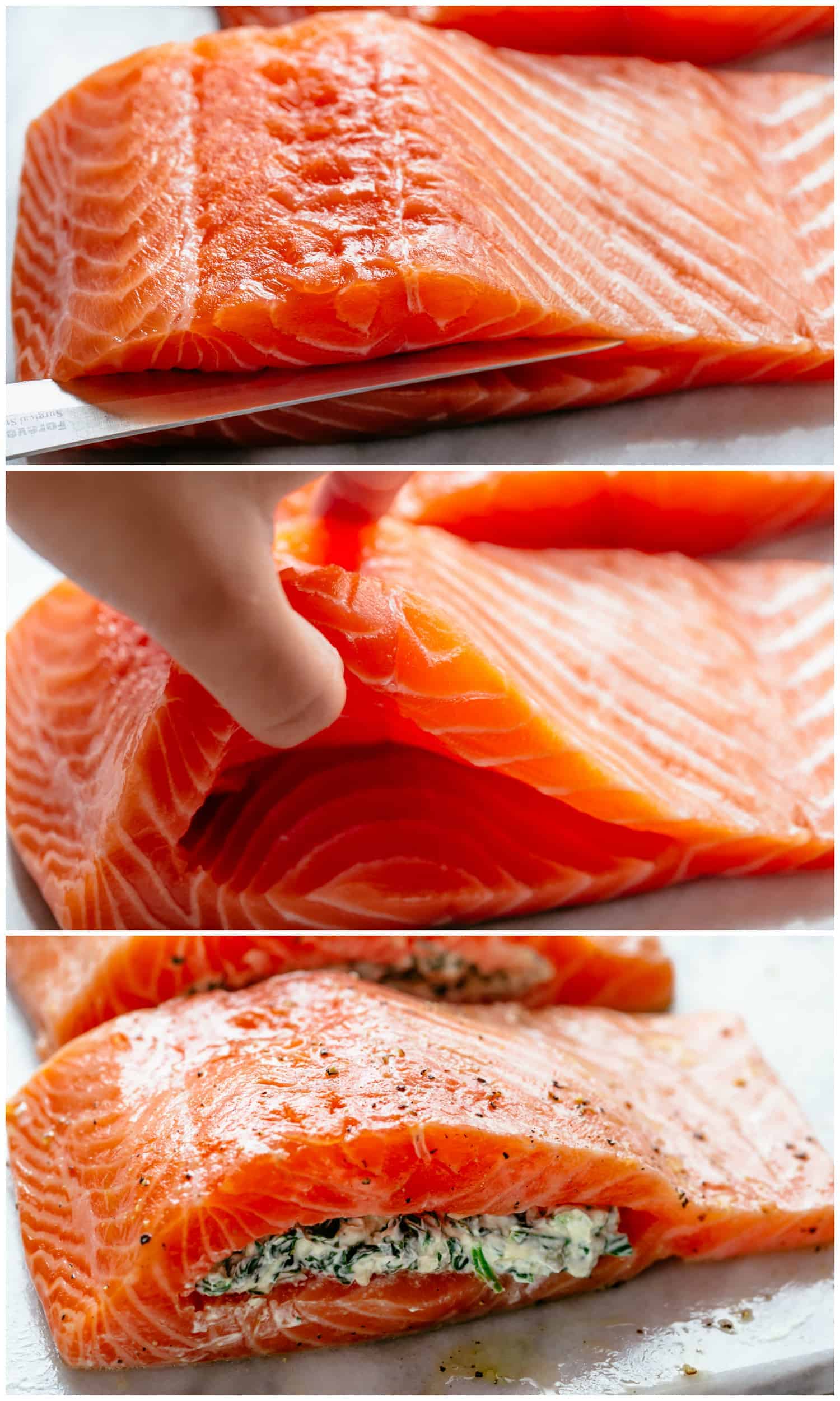 How to make creamy spinach stuffed salmon in a collage showing how to slice a pocket into the side of a salmon and stuff it with creamed spinach