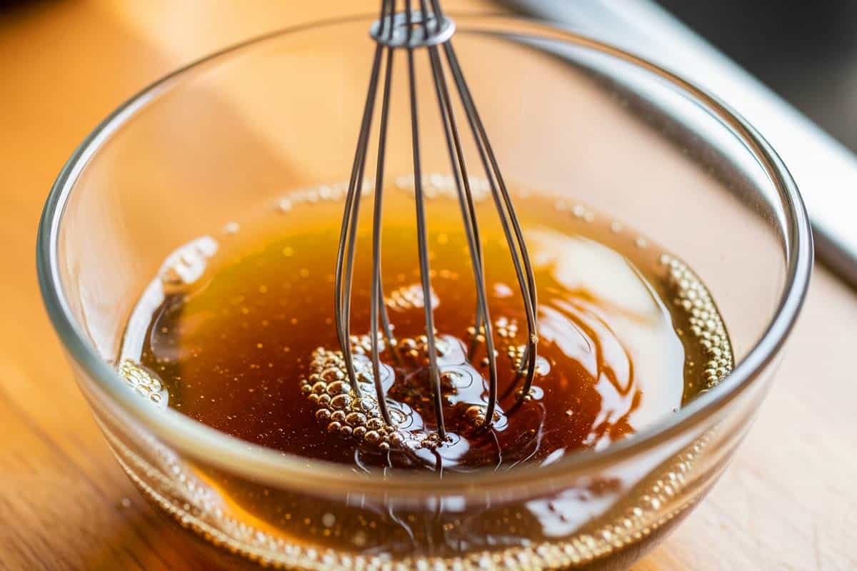 Chicken broth, soy sauce, and honey whisked together in a small bowl.