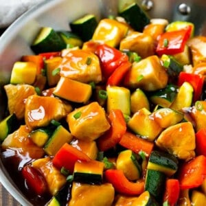 This honey soy chicken and vegetables is chunks of chicken and colorful veggies, all topped off with a sweet and savory sauce