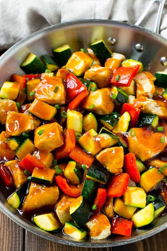 This honey soy chicken and vegetables is chunks of chicken and colorful veggies, all topped off with a sweet and savory sauce