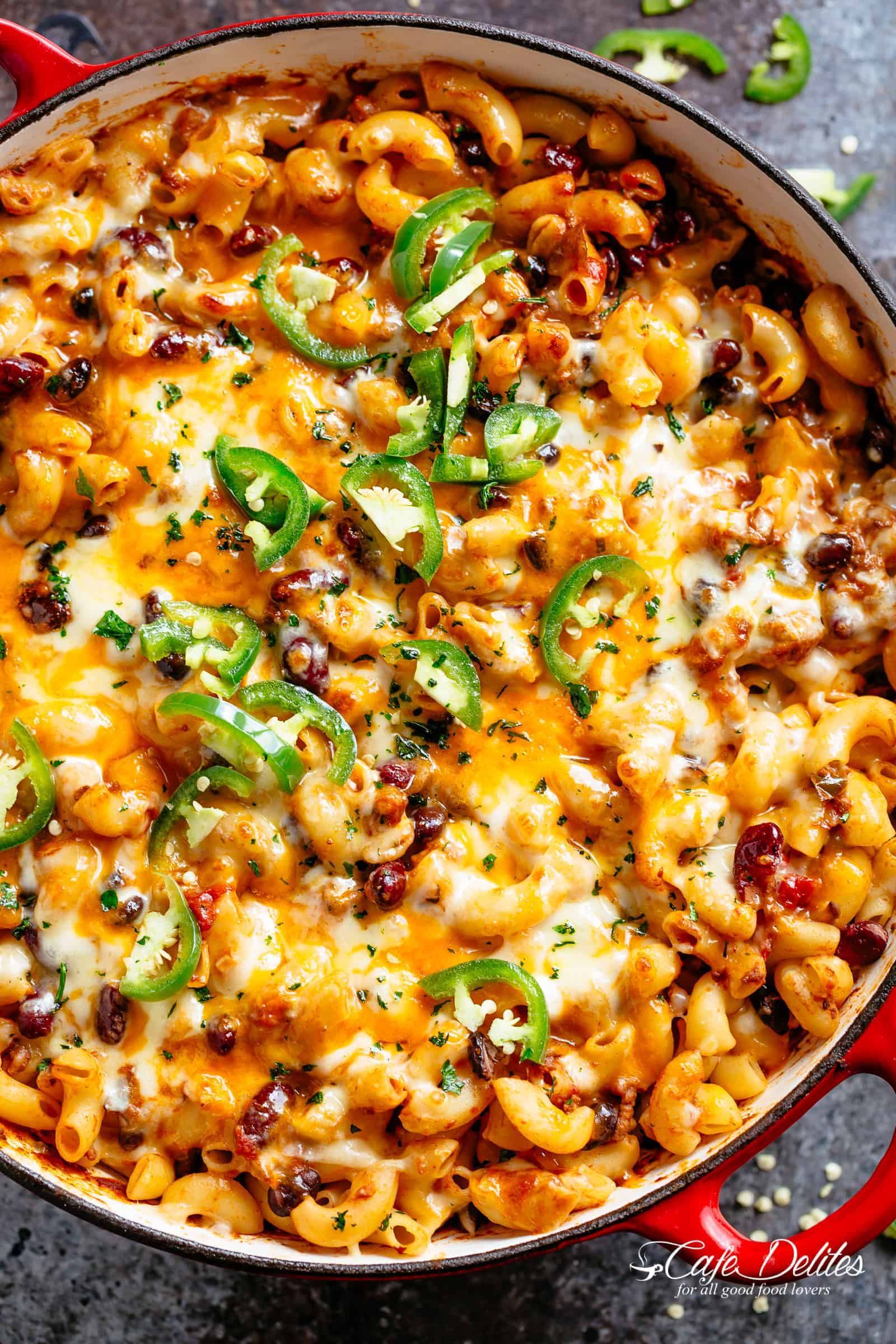 Chili Mac and Cheese with beans in a bowl