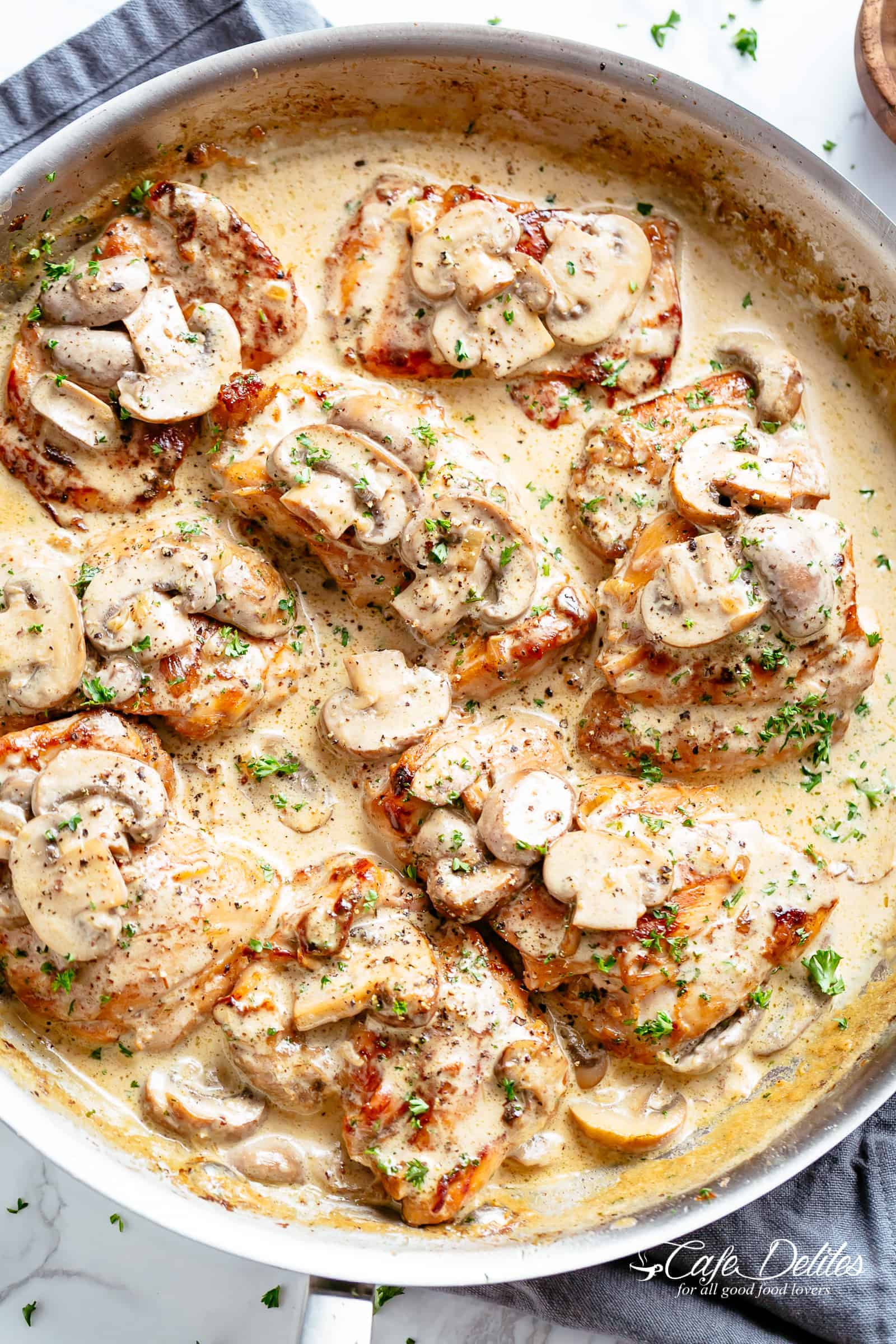 Creamy-Garlic-Butter-Mushroom-Chicken in a pan