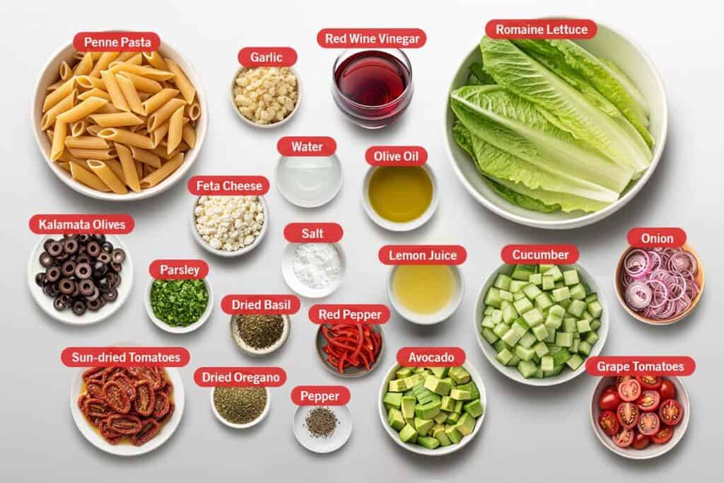 Flatlay of Mediterranean pasta salad ingredients arranged in bowls on a white surface. Items include penne pasta, garlic, red wine vinegar, romaine lettuce, olive oil, water, feta cheese, salt, lemon juice, cucumber, onion, grape tomatoes, avocado, red pepper, dried oregano, dried basil, parsley, kalamata olives, sun-dried tomatoes, and black pepper.