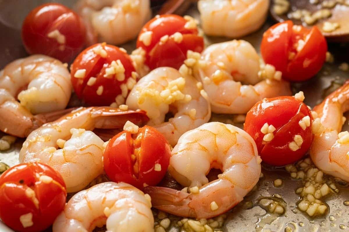Garlic added to the shrimp and tomatoes.
