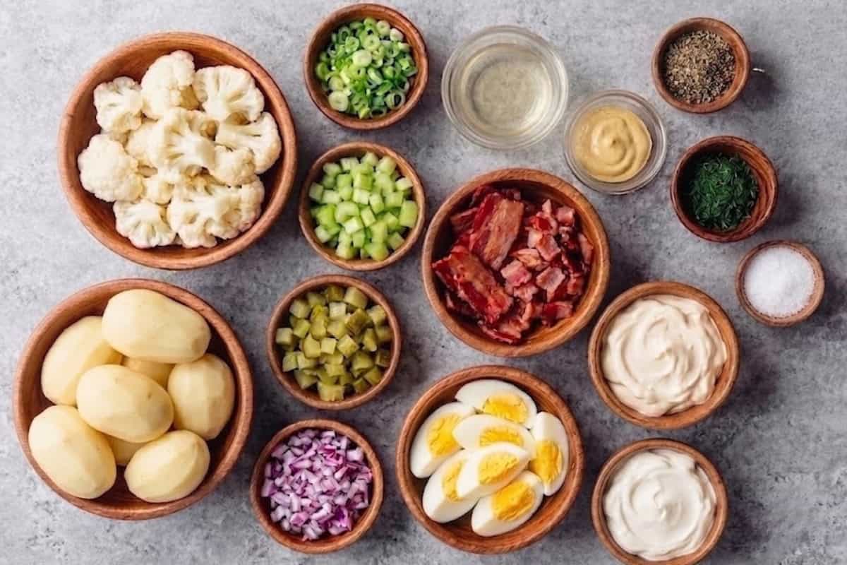 Flat lay photo of ingredient shot of potatoes, cauliflower, red onion, dill pickles, celery, green onions, hard boiled eggs, crispy bacon, whole egg mayonnaise, sour cream, white vinegar, dijon mustard, fresh dill, salt, pepper