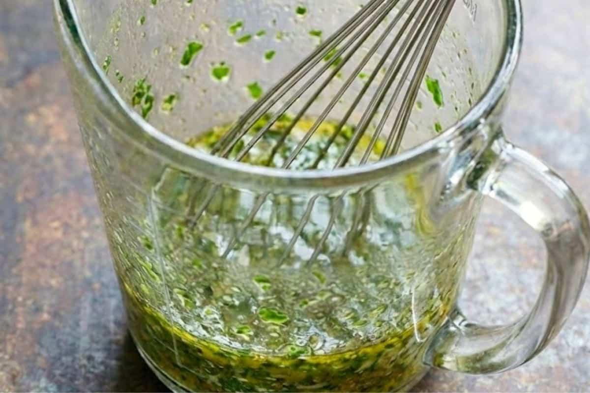 Combine all marinade or dressing ingredients in a large jug, then pour half into a shallow dish for the chicken