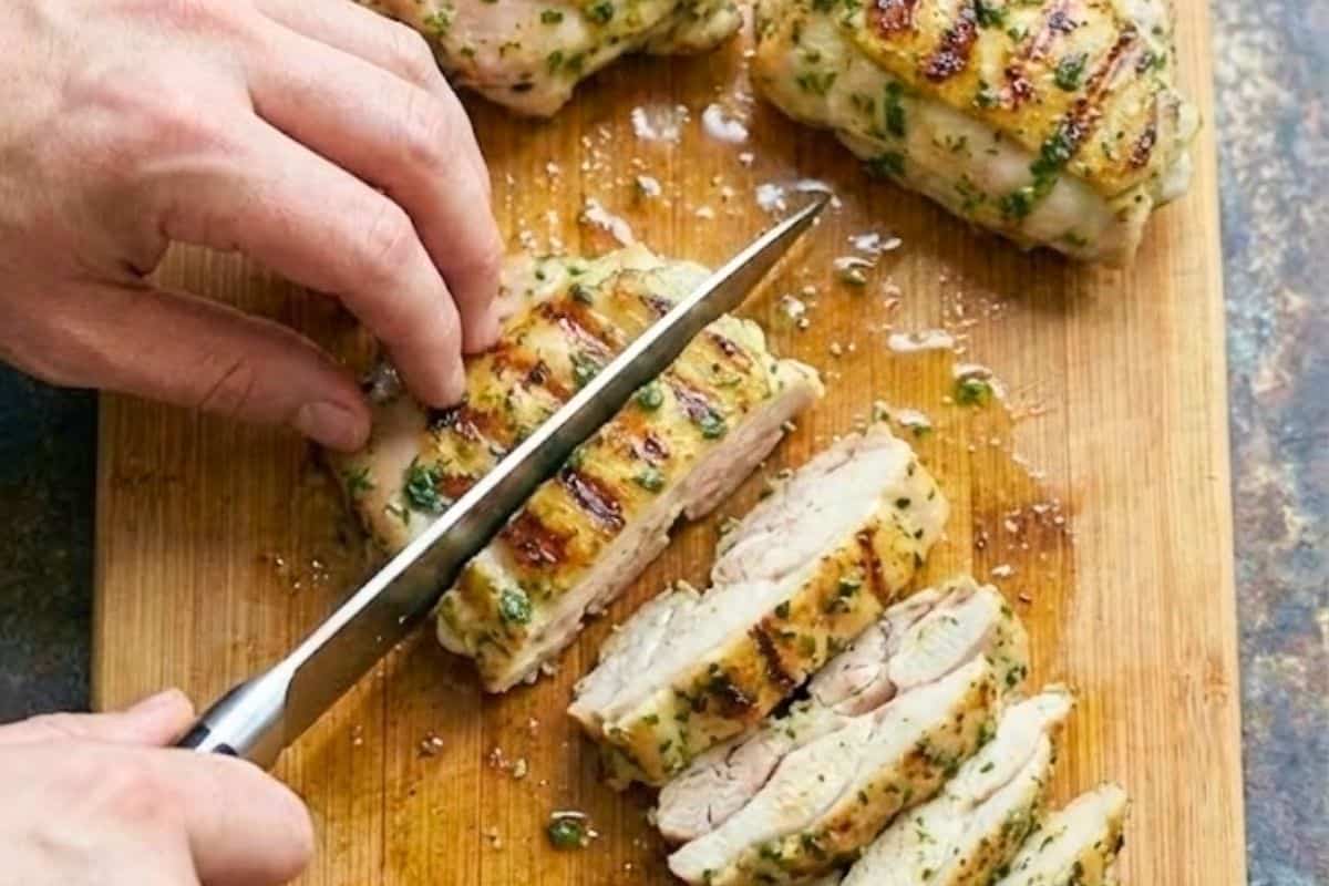 Let the cooked chicken rest for five minutes before slicing
