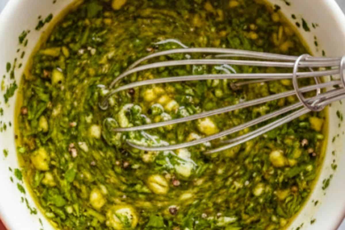 In a bowl, whisk olive oil, vinegar, garlic, salt, pepper, parsley, thyme, and rosemary until combined.