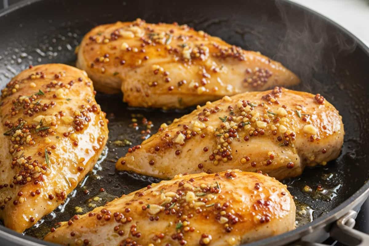 Searing chicken in a pan.