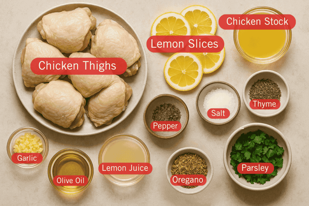 A labeled flatlay image of ingredients for lemon chicken. At the center is a plate of raw chicken thighs. Surrounding it are labeled bowls containing garlic, olive oil, lemon juice, oregano, parsley, thyme, salt, pepper, and chicken stock. At the top right are several fresh lemon slices, also labeled. 