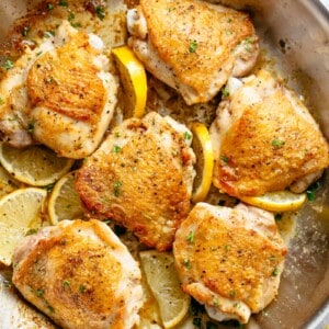 Roast Lemon Chicken thighs with crispy skin pan, seared then oven baked for tender and juicy chicken full of flavour in a pan