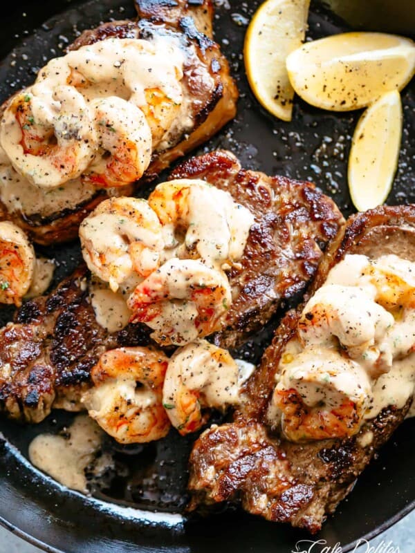 Steak And Creamy Garlic Shrimp on a pan