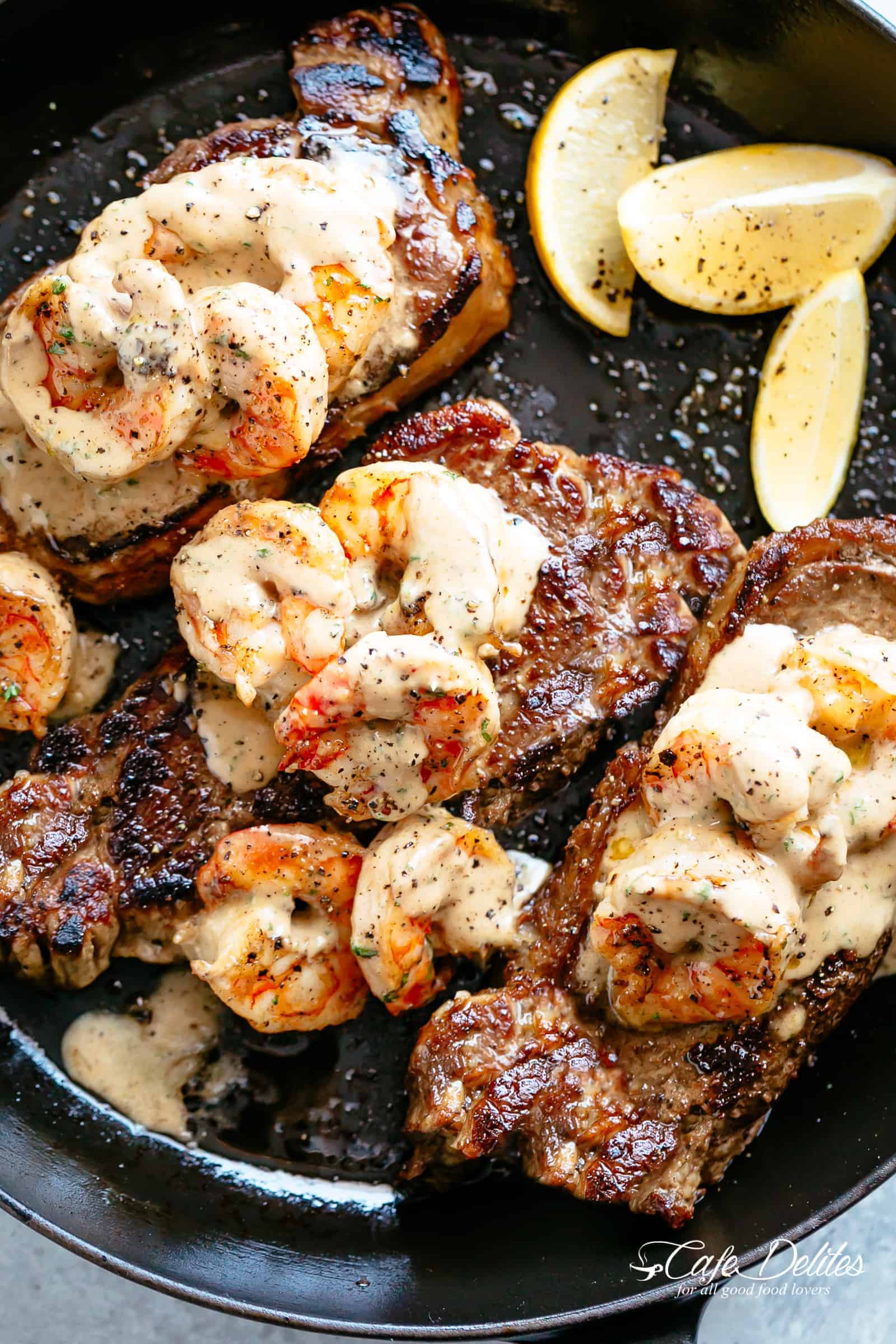 Low Carb Steak | cafedelites.com Steak And Creamy Garlic Shrimp on a pan