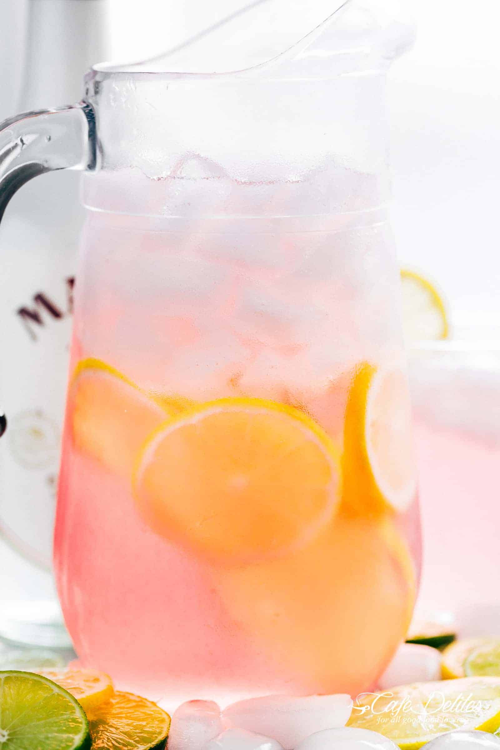 Pink Vodka Lemonade is easy to make and refreshing! | cafedelites.com A pitcher of refreshing pink vodka lemonade.