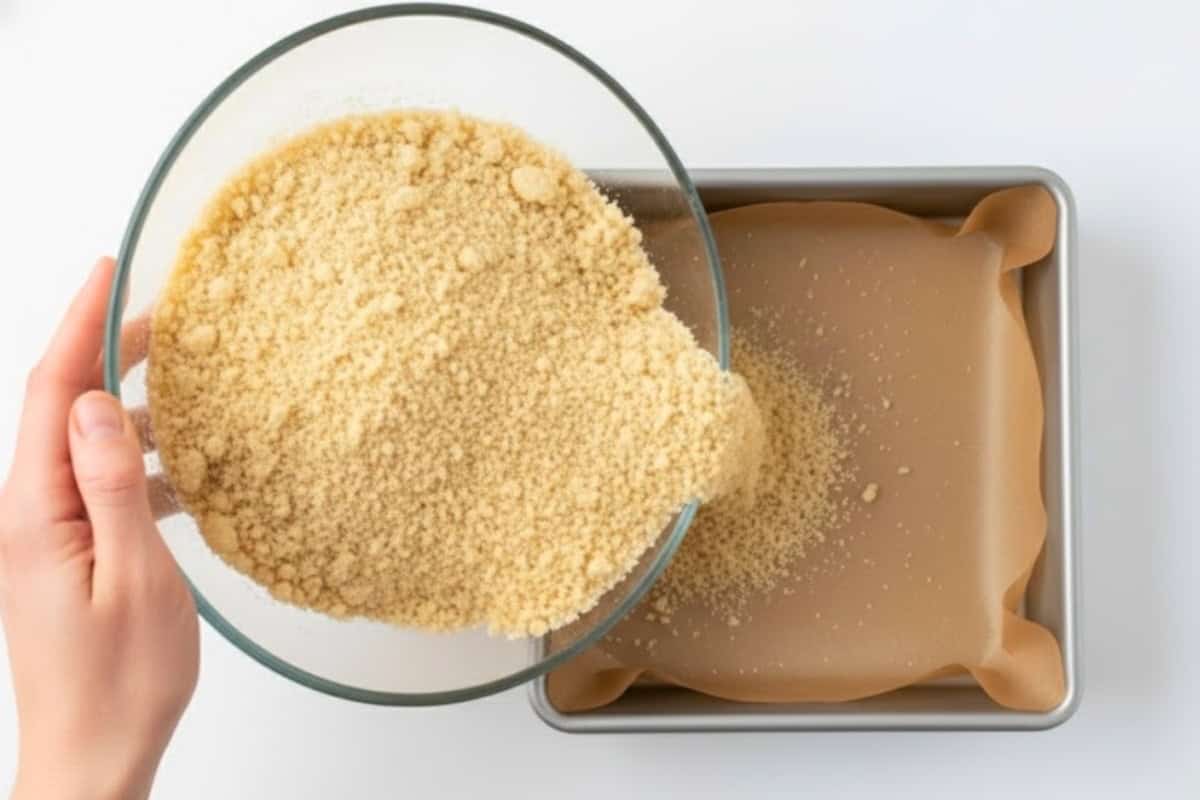 Pour the crust mixture into the prepared pan and press it down evenly.