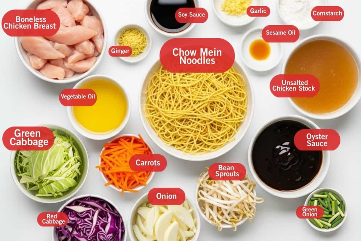 Flat lay photo of ingredient shot of
boneless chicken breast, ginger, soy sauce, garlic, cornstarch, sesame oil, vegetable oil, chow mein noodles, unsalted chicken stock, green cabbage, carrots, onion, bean sprouts, oyster sauce, red cabbage, green onions