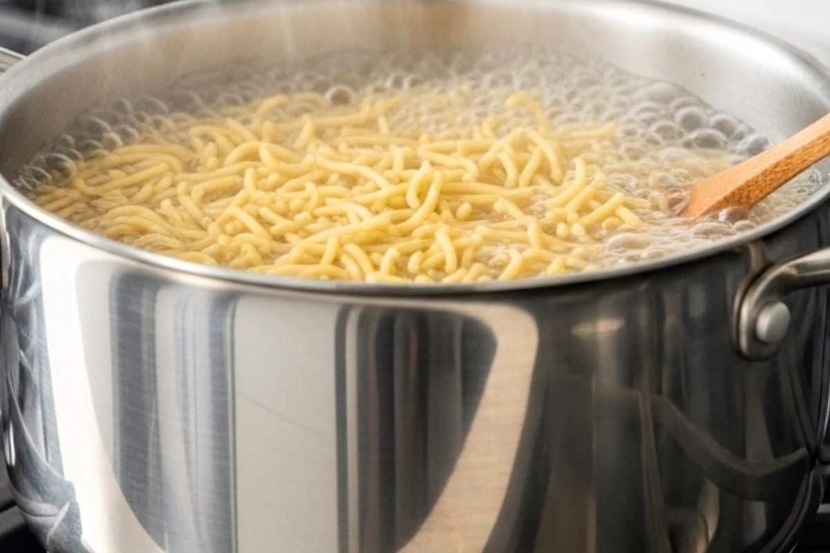Boil the chow main noodles in the pot.