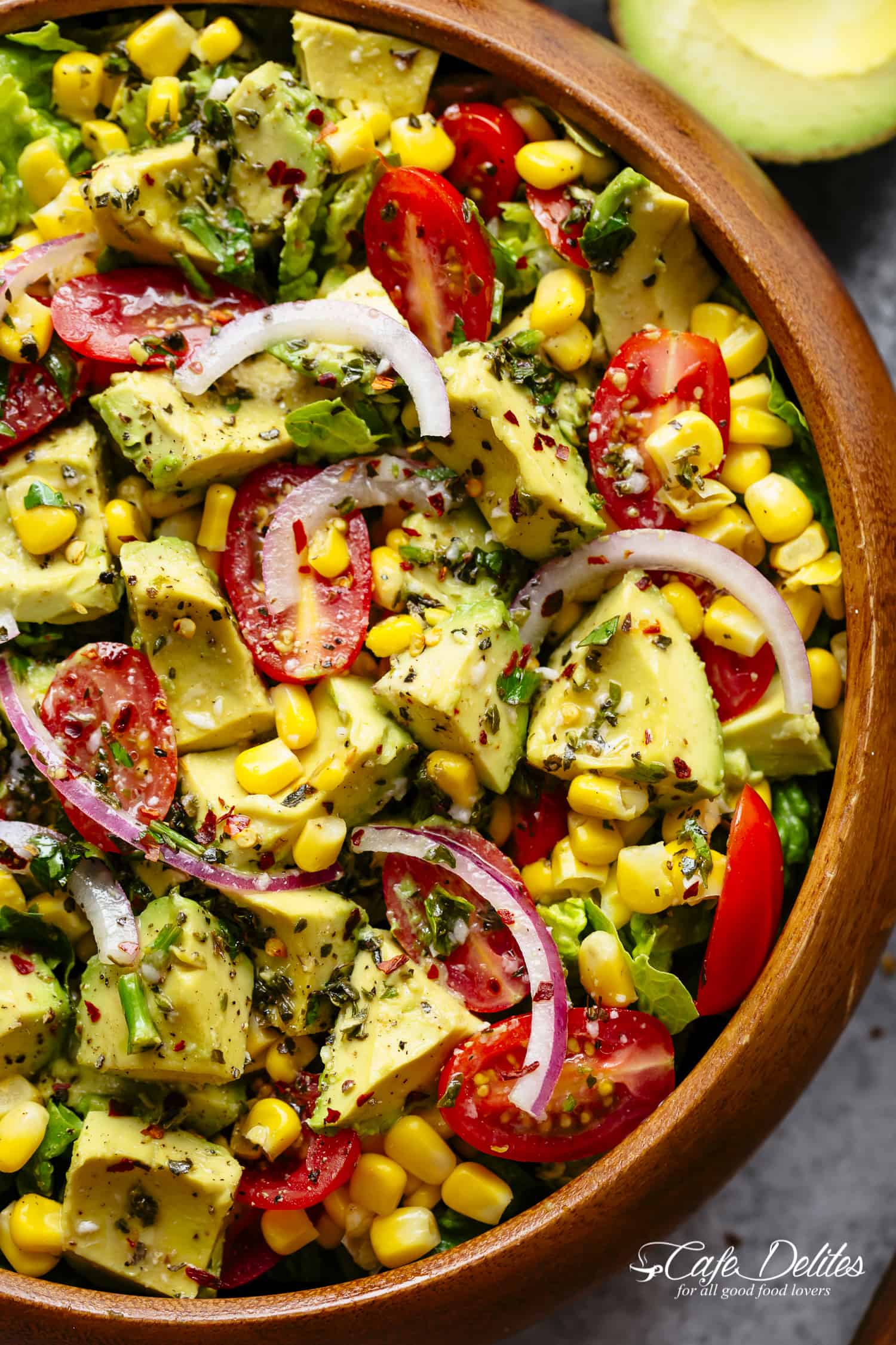 Avocado Corn Salad in wooden bowl