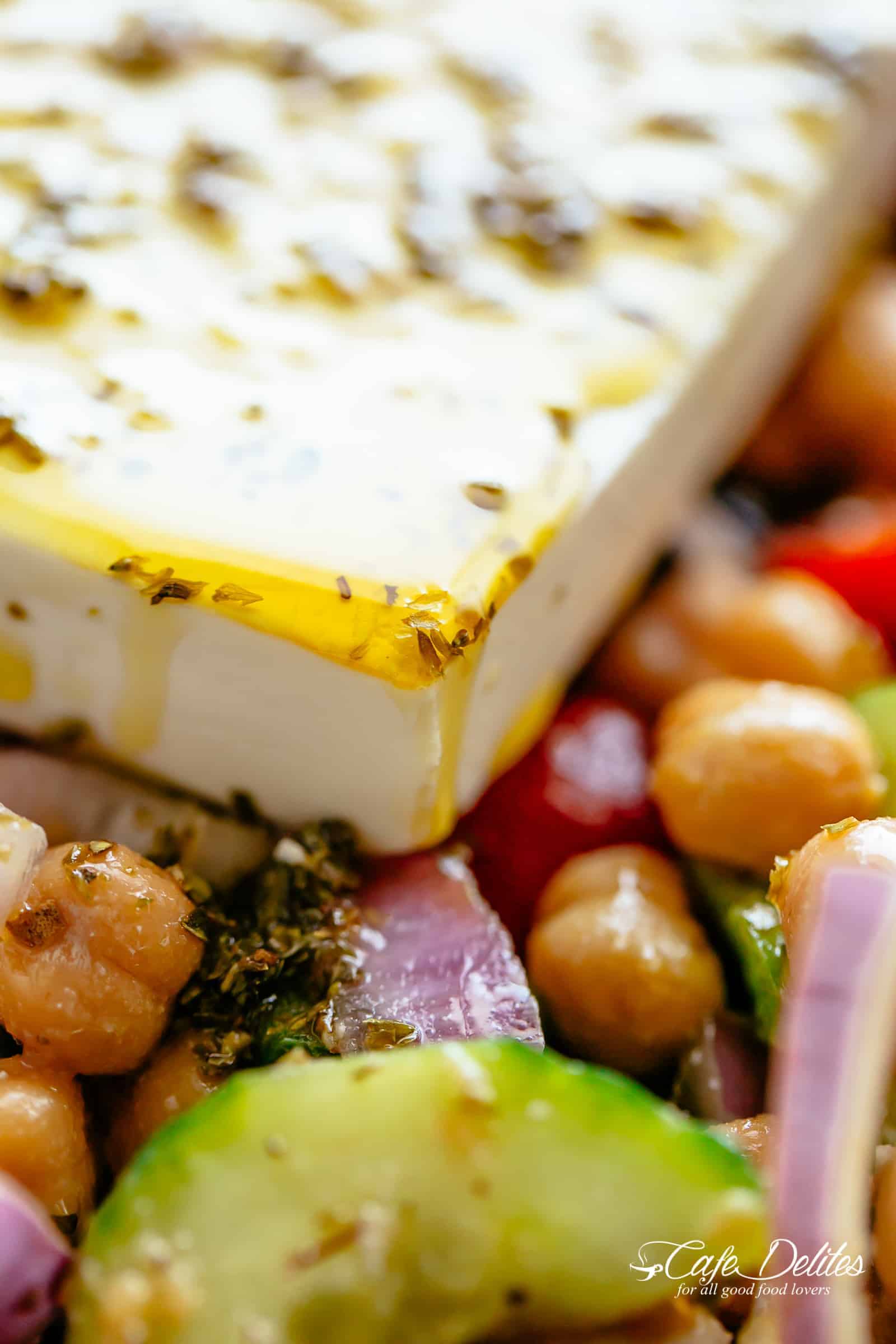 Greek Chickpea Salad Recipe | cafedelites.com Chickpea Salad with a big piece of Feta