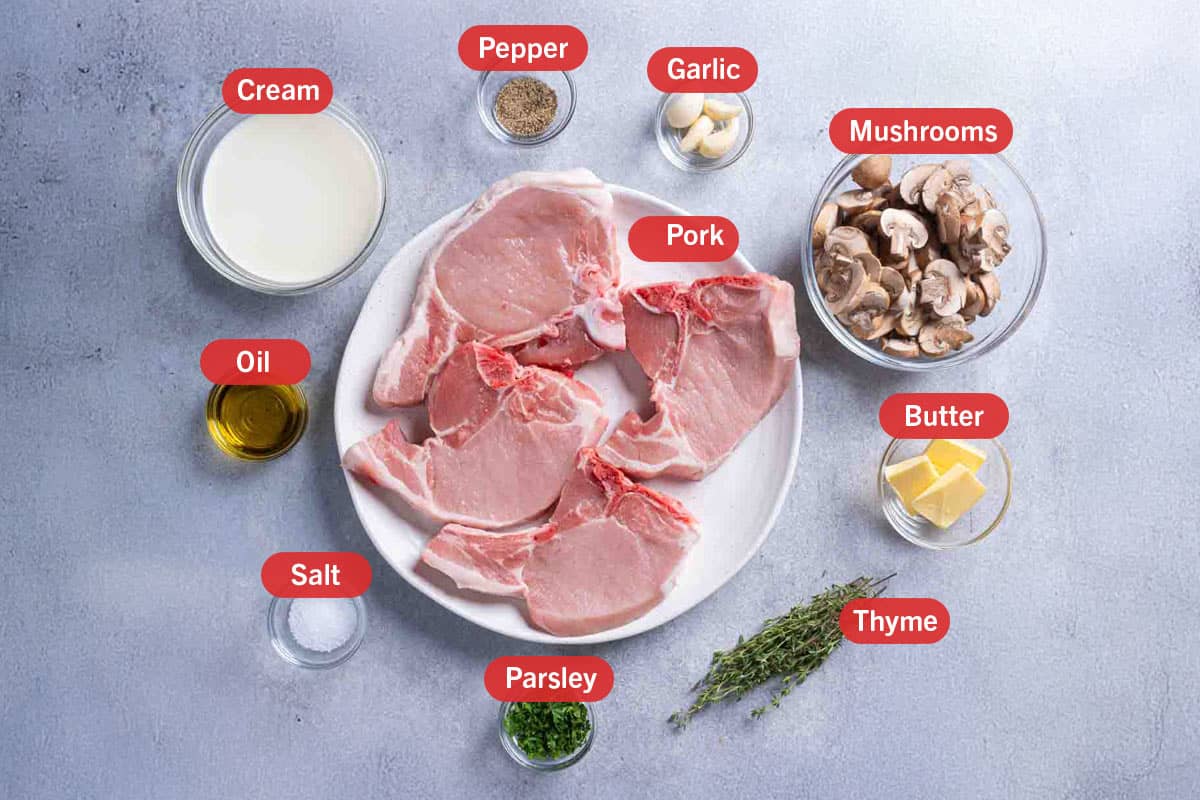 Image of all the ingredients needed for the preparation of this recipe, specifically: pork chops. salt, parsley, thyme. butter, mushrooms, garlic, pepper, cream, oil./