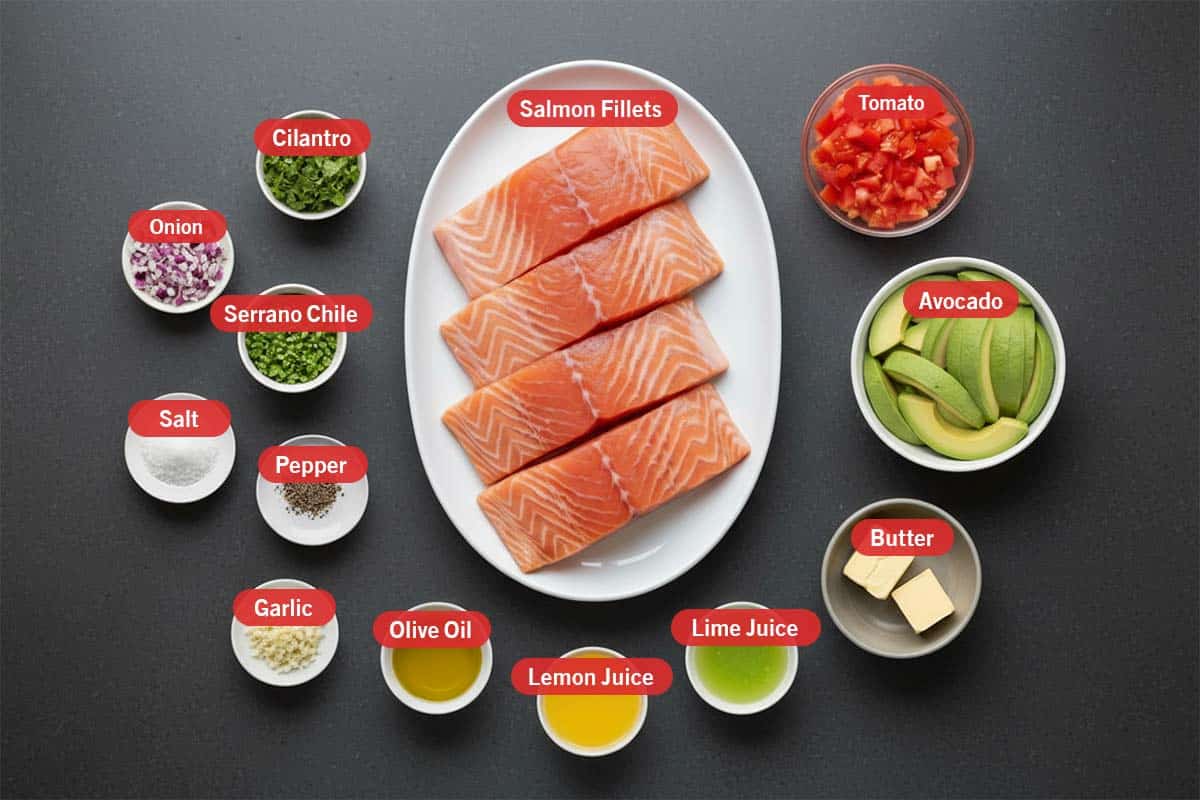 Top shot of ingredients: salmon fillets, tomato, avocado, butter, lime juice, lemon juice, olive oil, garlic, pepper, salt, serrano chile, onion, and cilantro.