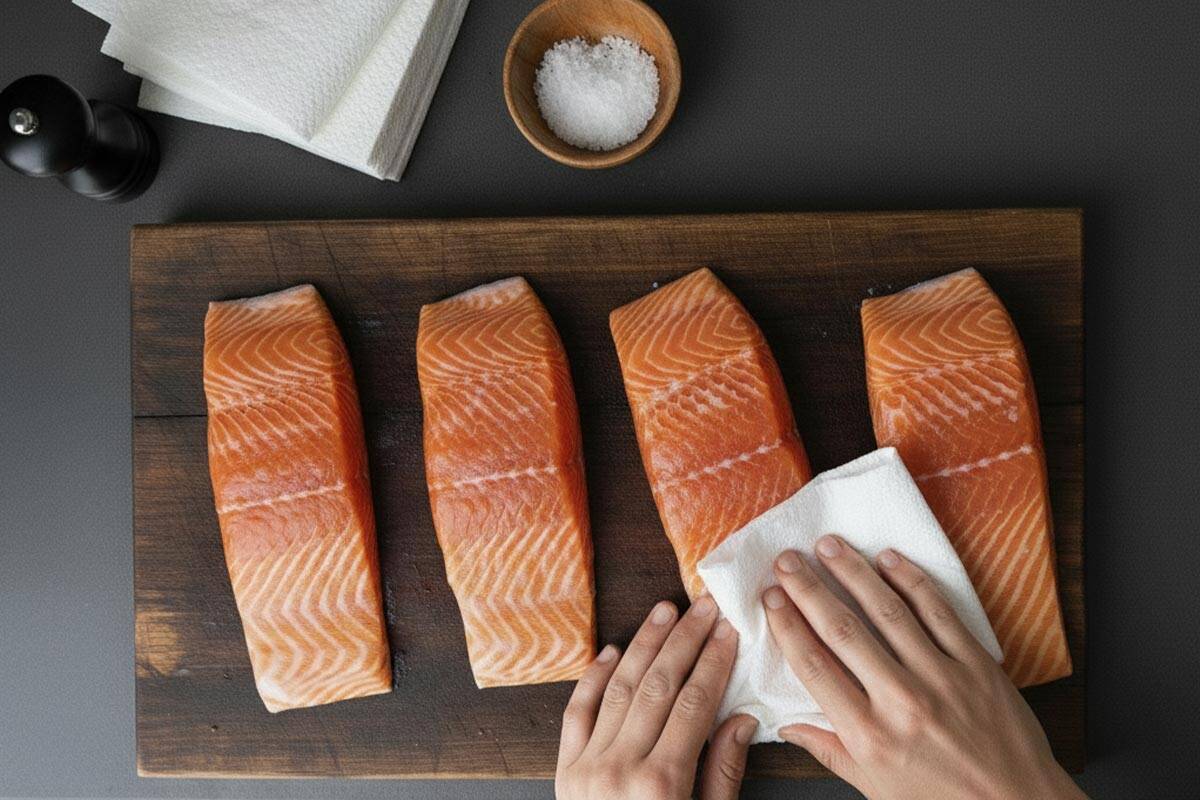 Patting the salmon dry.
