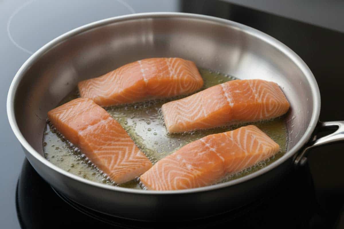 Searing the salmon.