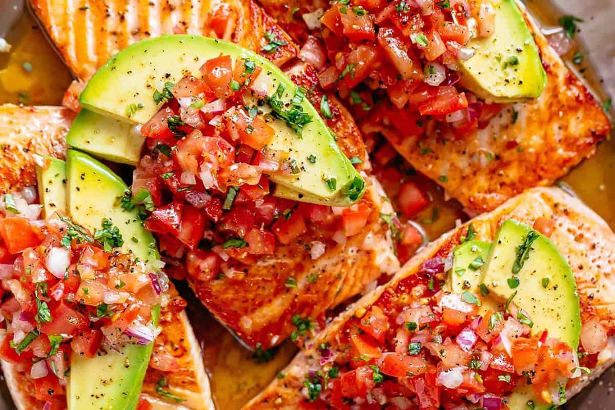 Close-up shot of Salmon with Salsa.