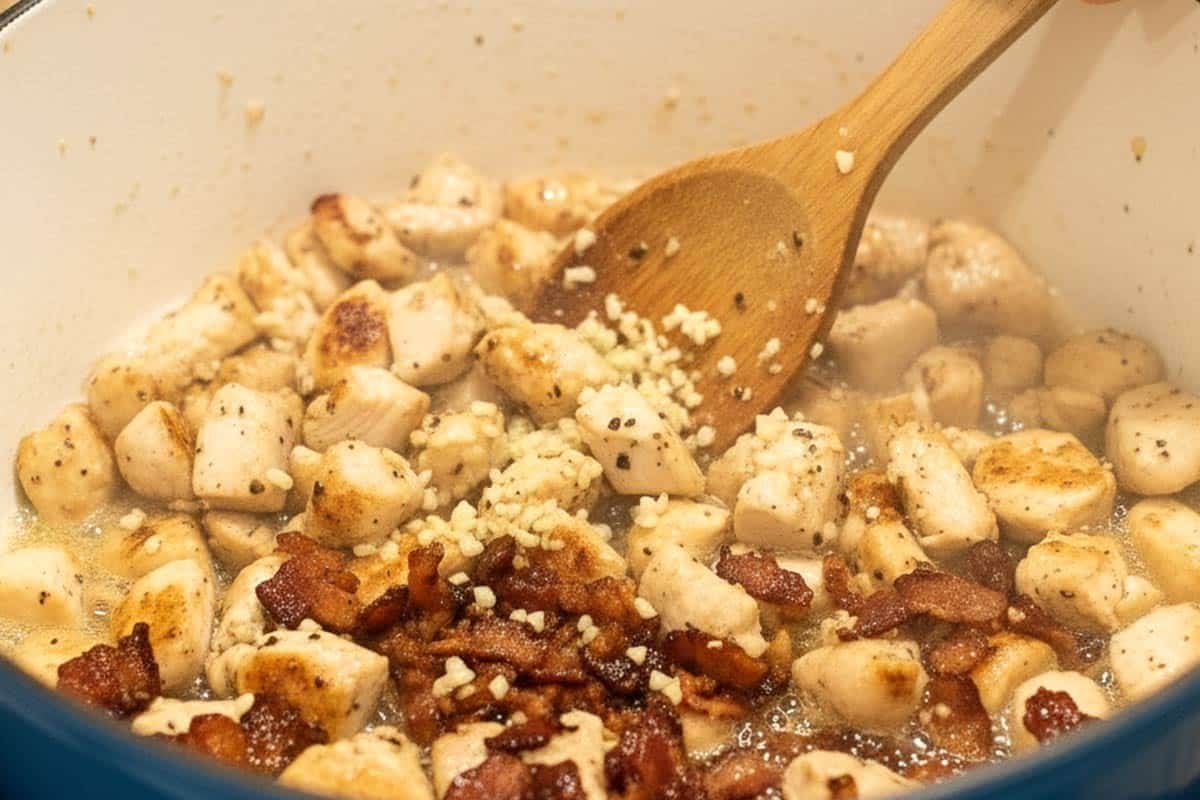 Added the diced chicken to the bacon.