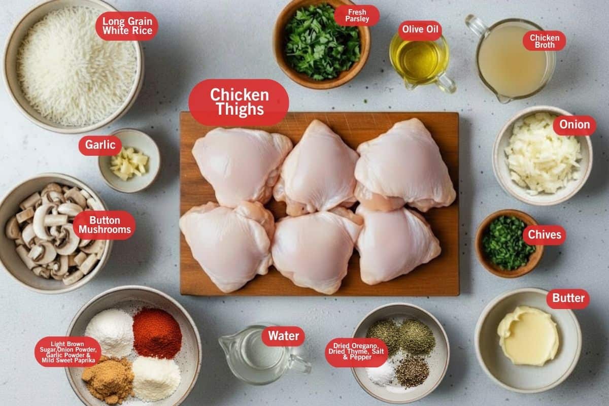 Flat lay photo of ingredient shot of long grain white rice, fresh parsley, button mushrooms, garlic, olive oil, chicken broth, onion, chives, butter, fried oregano, dried thyme , salt and pepper, water, chicken things, light brown sugar, onion powder, garlic powder, at mild sweet paprika