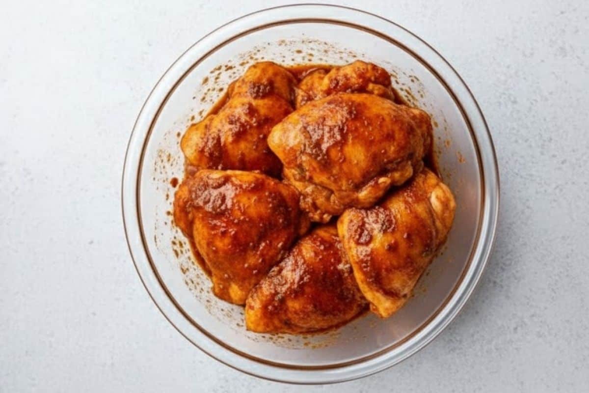 Combine the seasonings for the chicken along with some olive oil in a mixing bowl, and rub the marinade all over the chicken.
