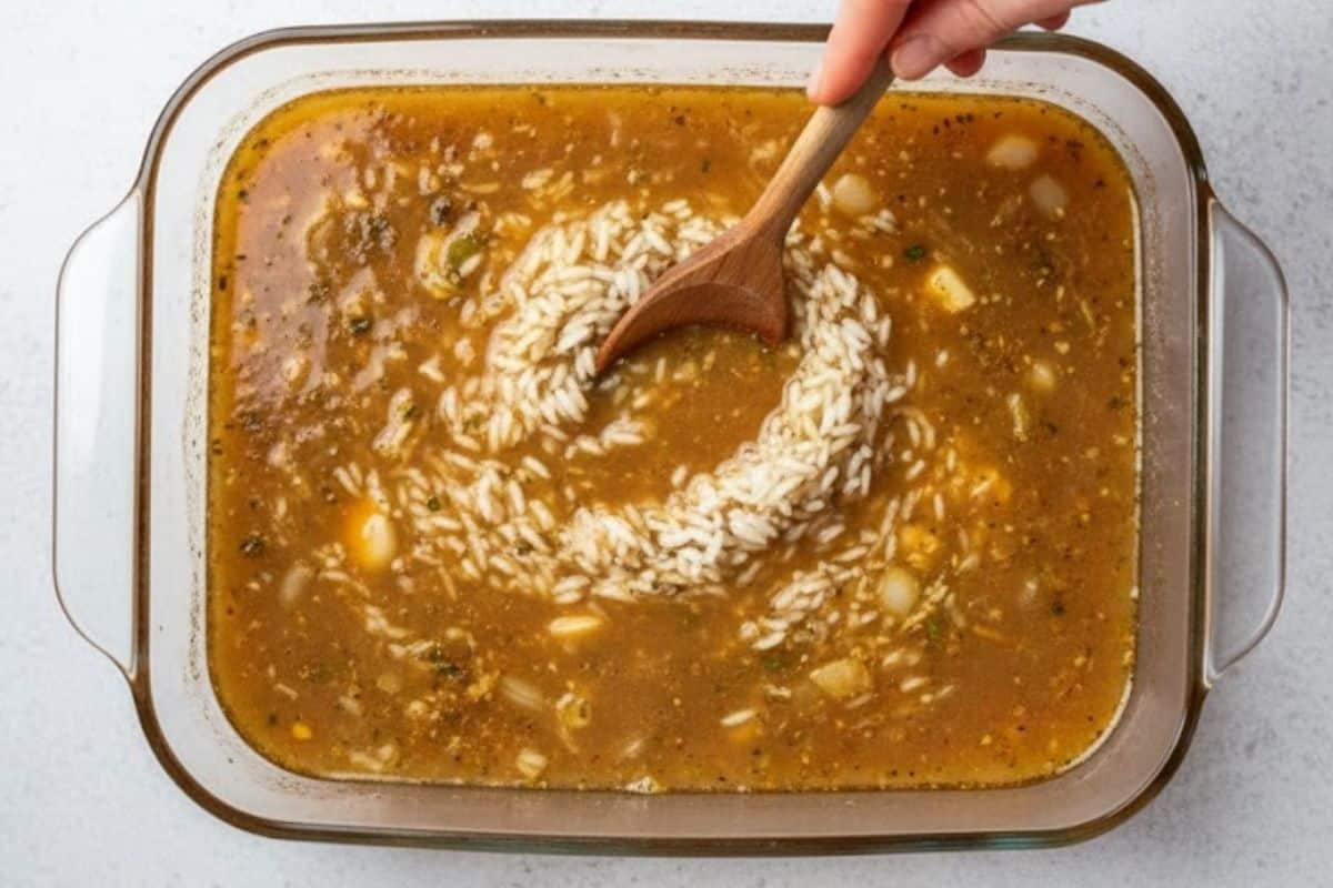 Grease a 25 x 35 cm baking dish with nonstick cooking spray. Add garlic, onion, oil, butter, seasonings and boiling hot broth. Add rice