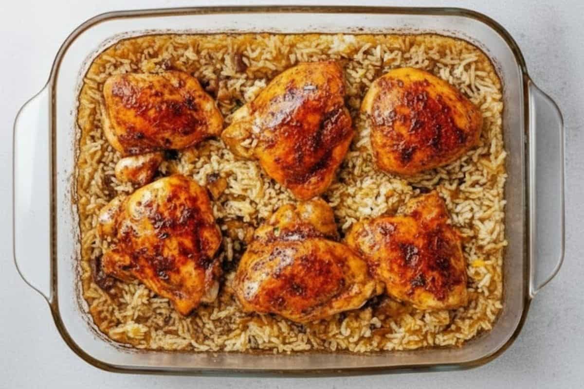Remove from the oven, place the chicken thighs on a plate. Mix the rice in the baking dish and arrange the chicken back again on the top.