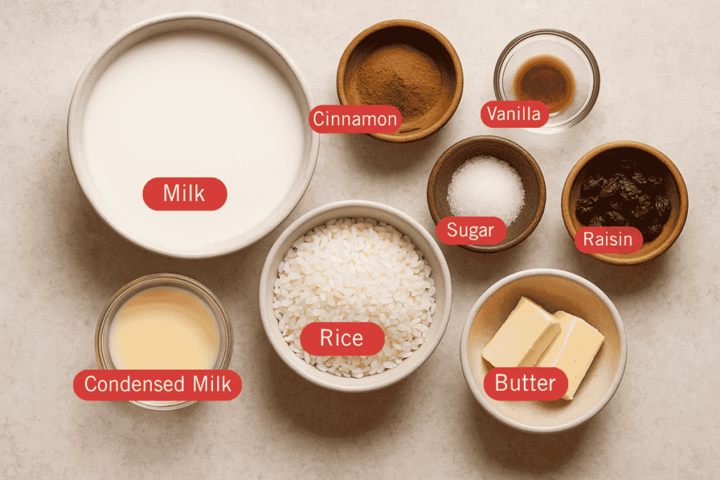 A flatlay image of labeled ingredients for Cinnamon Rice Pudding. Each ingredient is placed in a separate bowl on a light beige surface. Labels identify milk, cinnamon, vanilla, sugar, raisins, rice, condensed milk, and butter.
