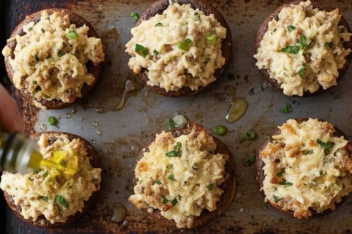 Spoon the sausage mixture generously into each mushroom cap. Arrange them on the baking sheets in a single layer and drizzle with the remaining olive oil.