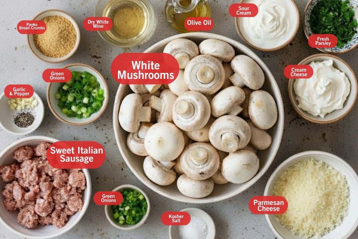 Flat lay ingredient shot of panko bread crumbs, dry white wine, olive oil, sour cream, cream cheese, fresh parsley , parmesan cheese, kosher salt, green onions, white mushrooms, sweet Italian sausage, garlic and pepper
