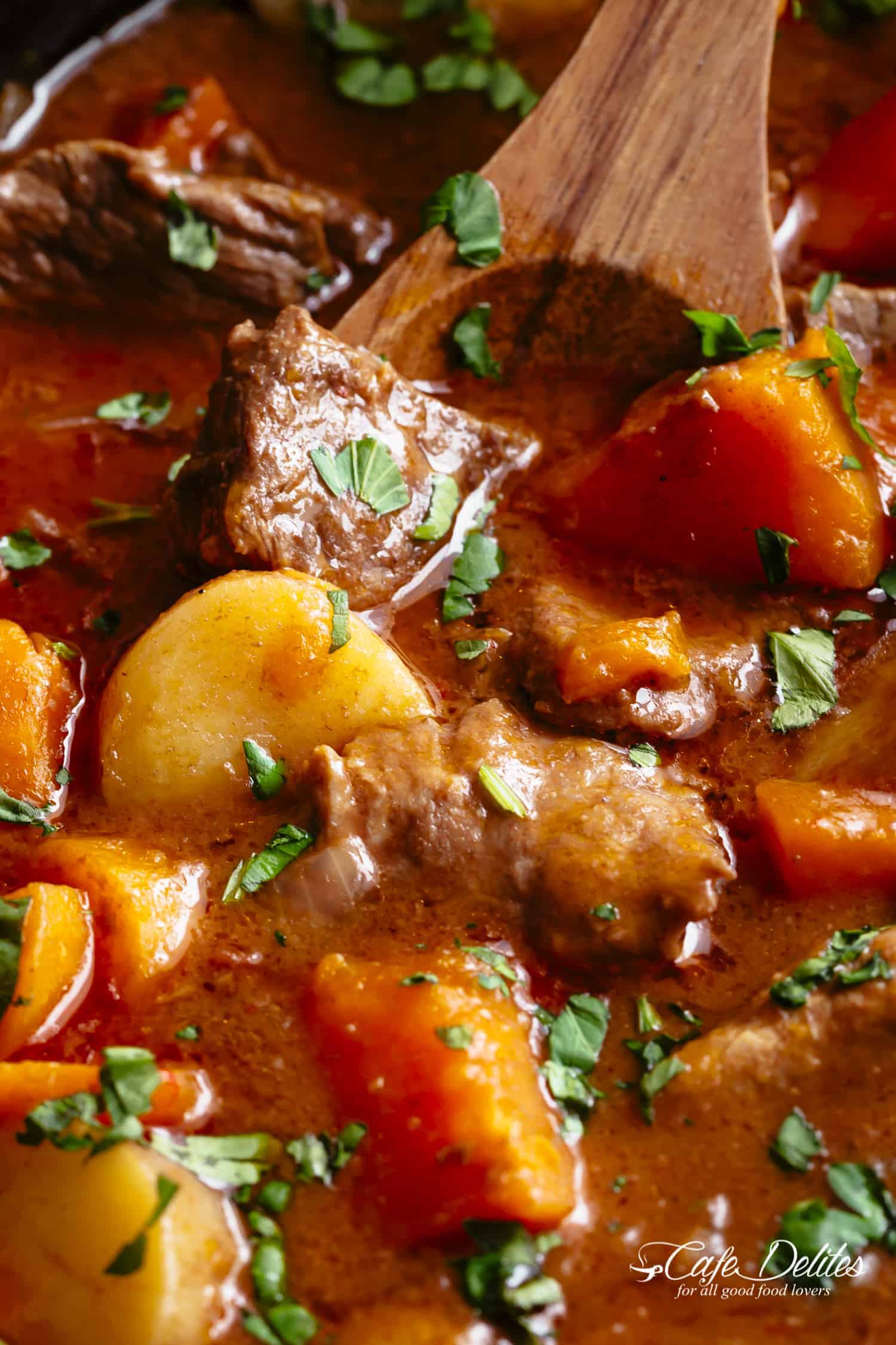 Slow Cooker Beef Stew filled with fall apart, tender beef pieces and sweet potato
