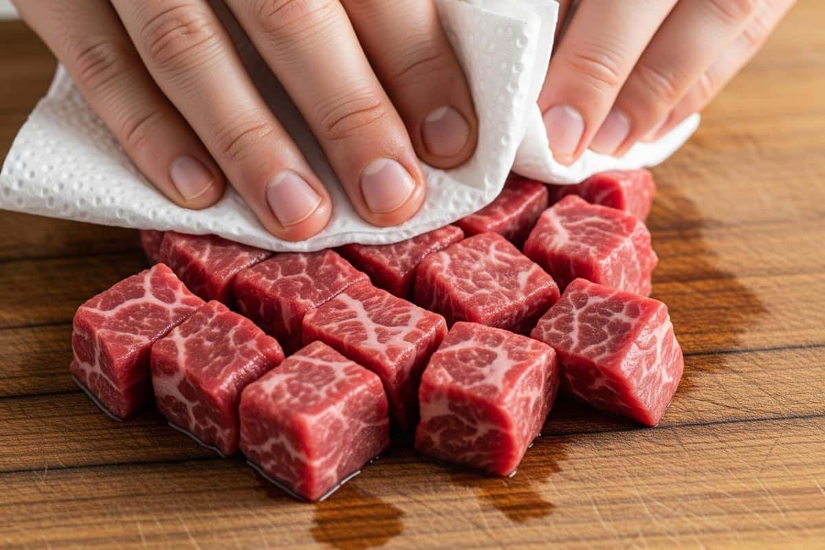 Patting the beef cubes dry using paper towel.