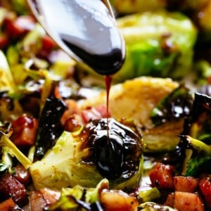 Balsamic Roasted Brussels Sprouts topped with sauce